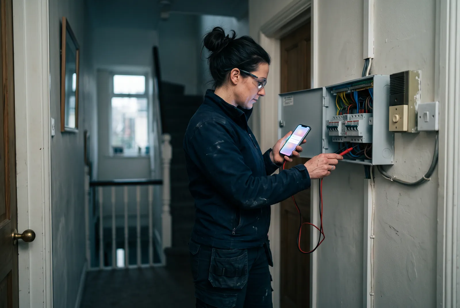 An electrician working on a fuse box