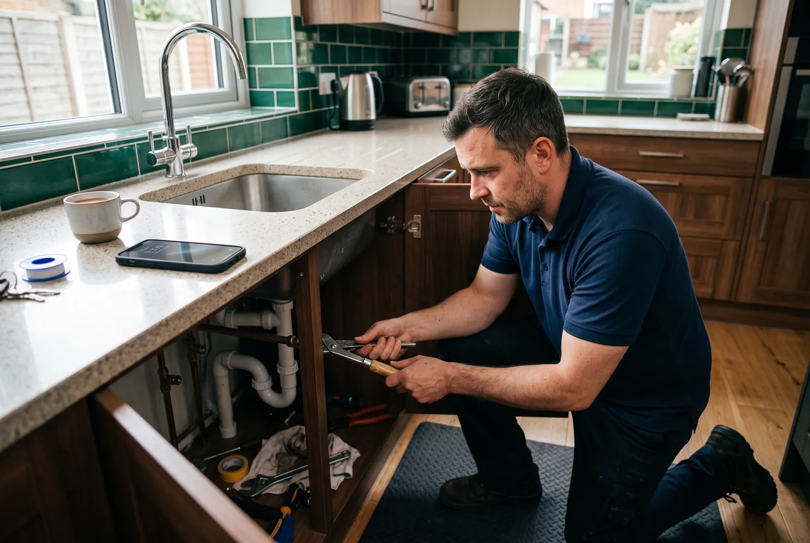 A plumber fixing pipework under a kitchen sink