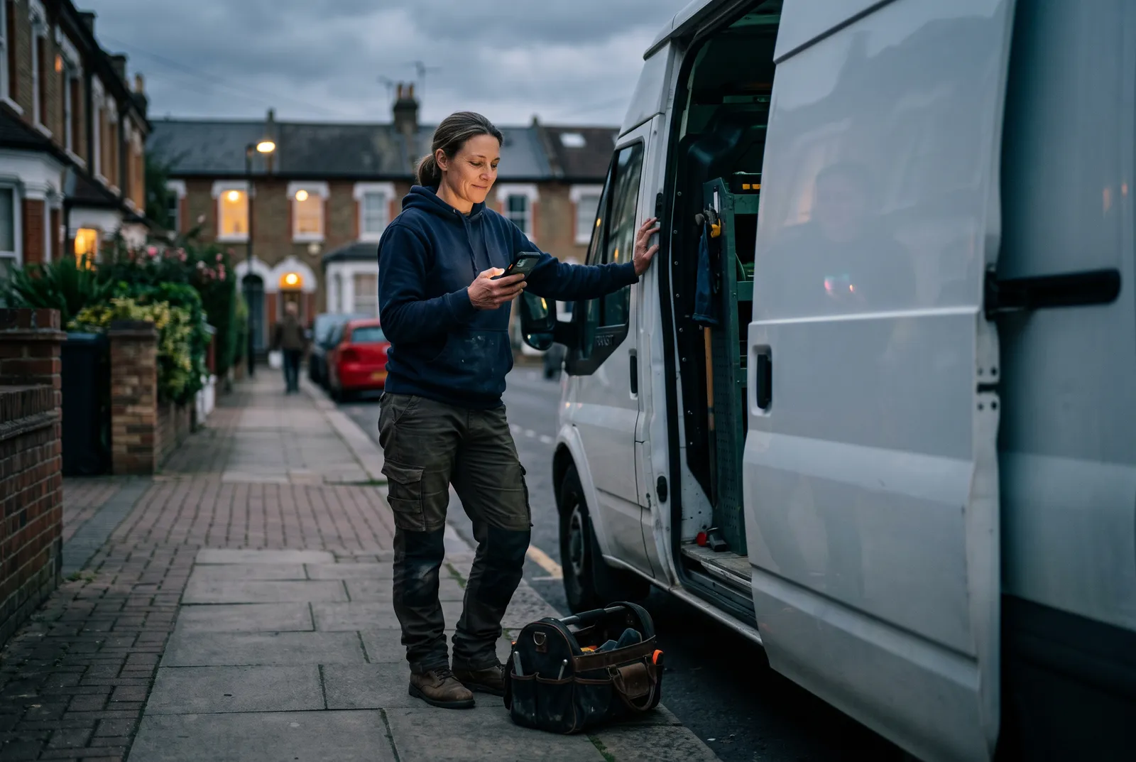 A tradesperson checking a phone beside a van