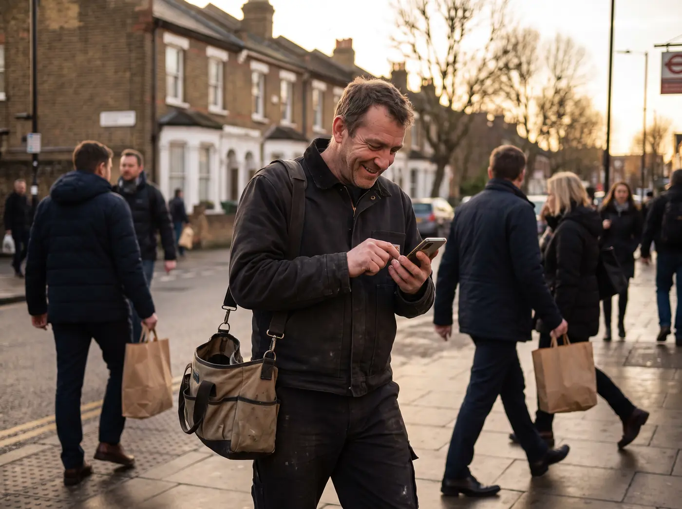 An engineer on a busy London street, grinning at a new booking on his phone