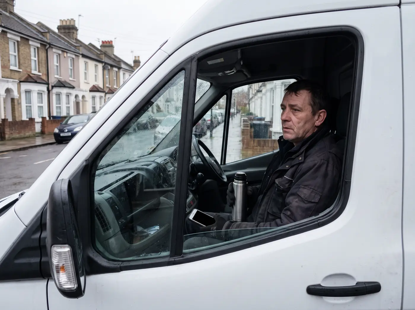 An engineer waiting in his van on a quiet street, his phone silent on his lap