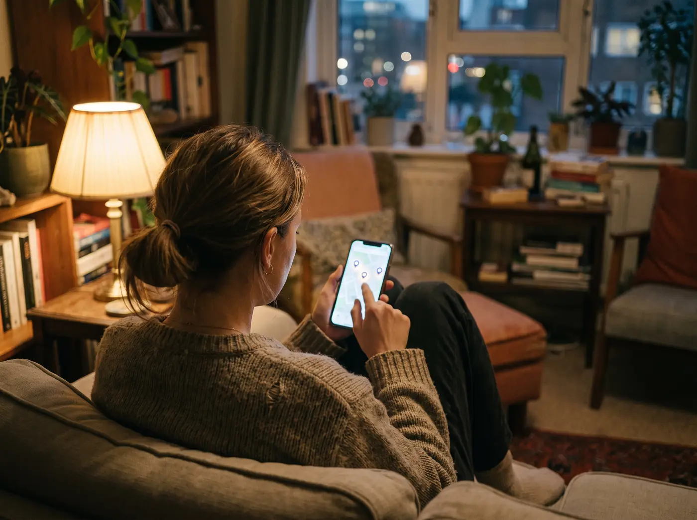 A woman on her sofa in the evening, choosing a local business from a map on her phone