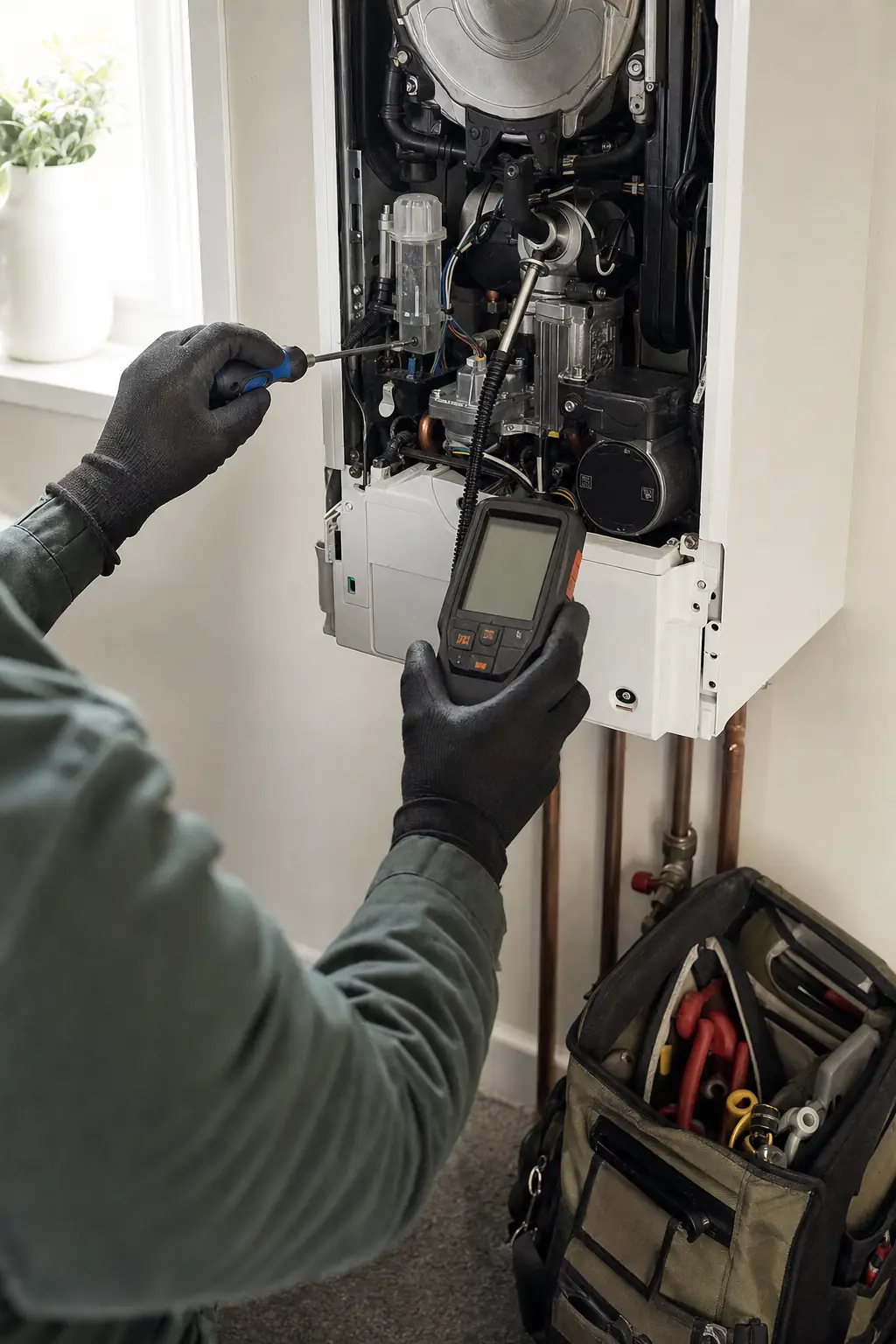 An engineer testing a combi boiler