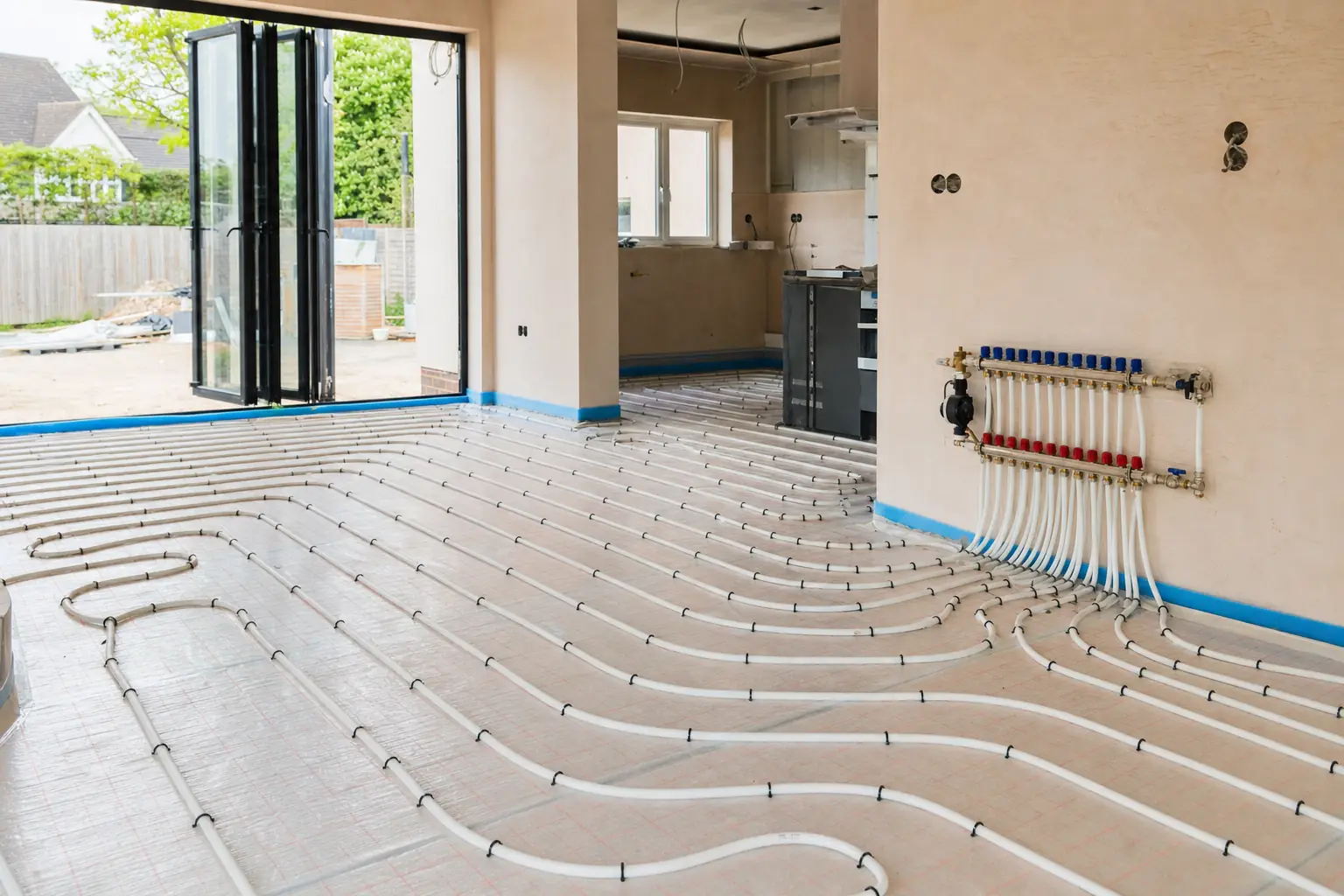 Underfloor heating pipes laid in loops across a kitchen extension floor