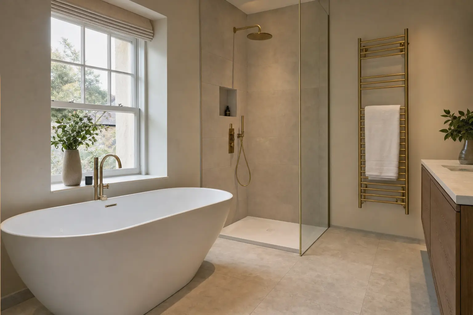 Finished bathroom with a freestanding bath and a brushed brass towel rail