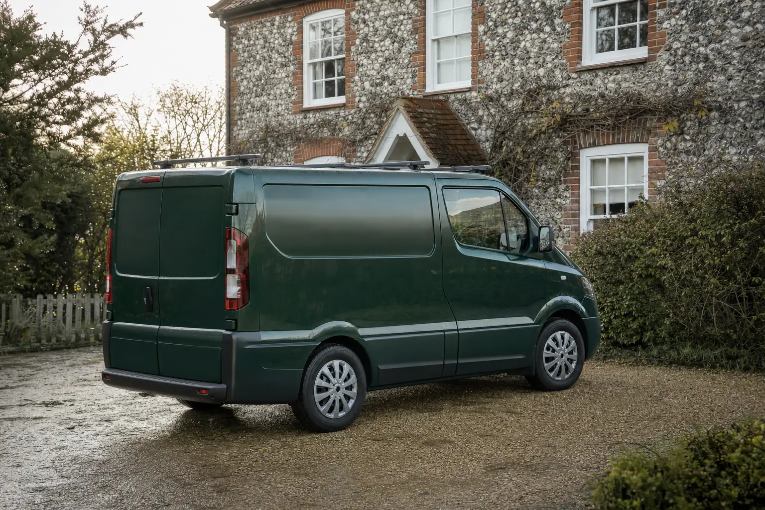A plain dark green van on a gravel drive outside a flint cottage