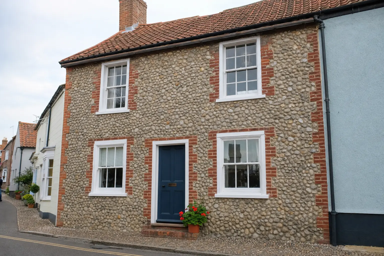 Flint-and-brick fisherman's cottage with a navy front door and white sash windows
