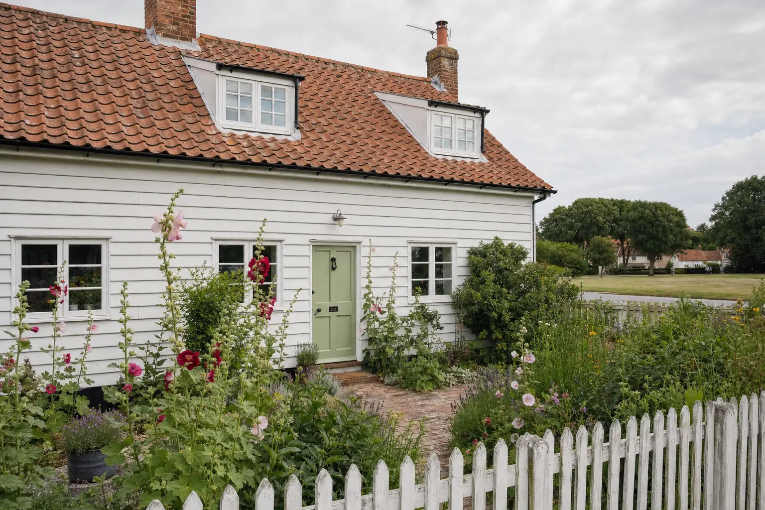White weatherboarded cottage with a red pantile roof, picket fence and hollyhocks