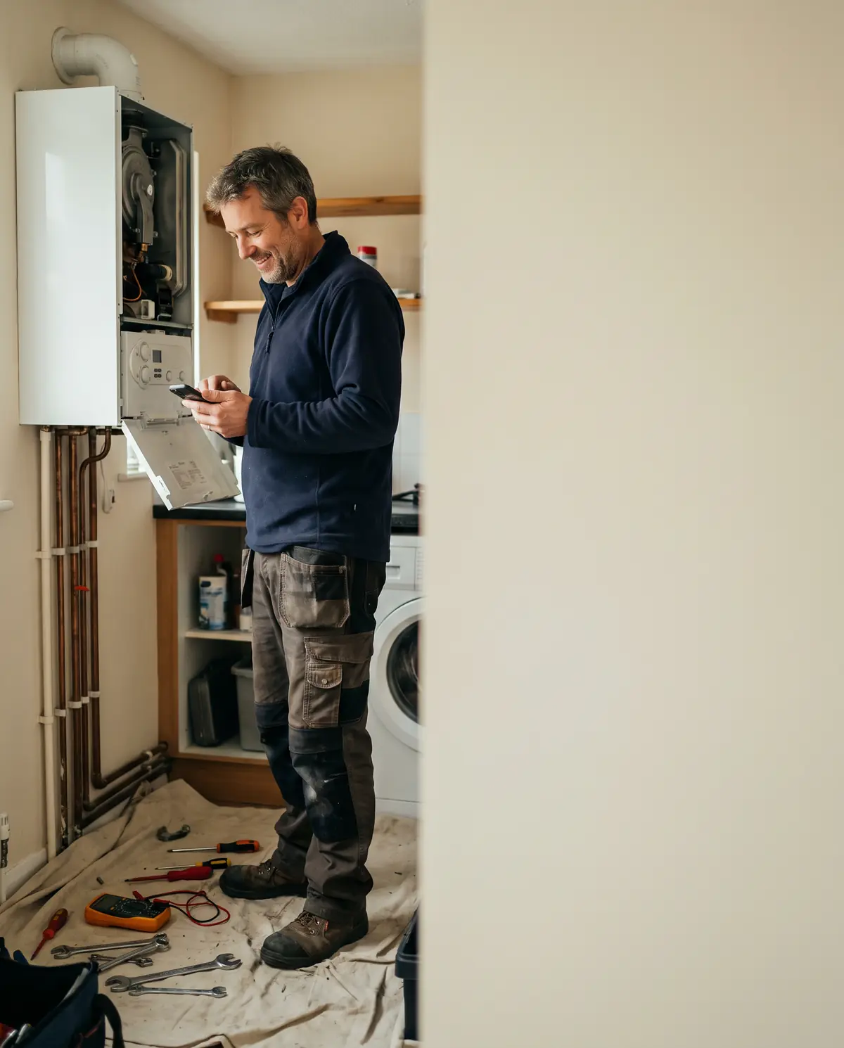 A heating engineer on a job, smiling at a notification on his phone