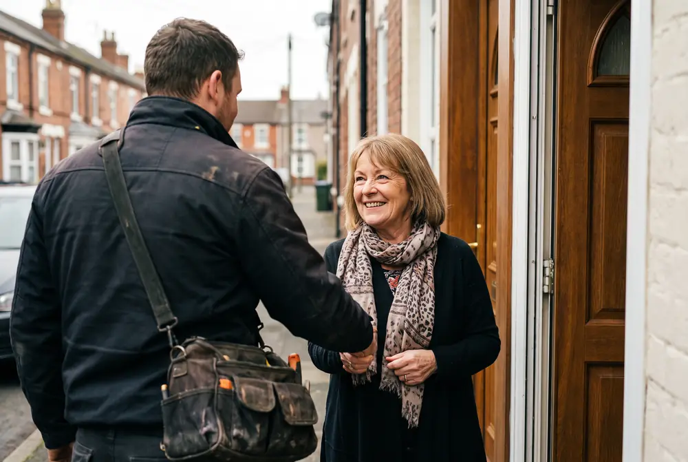 A tradesman saying goodbye to a smiling homeowner at her door