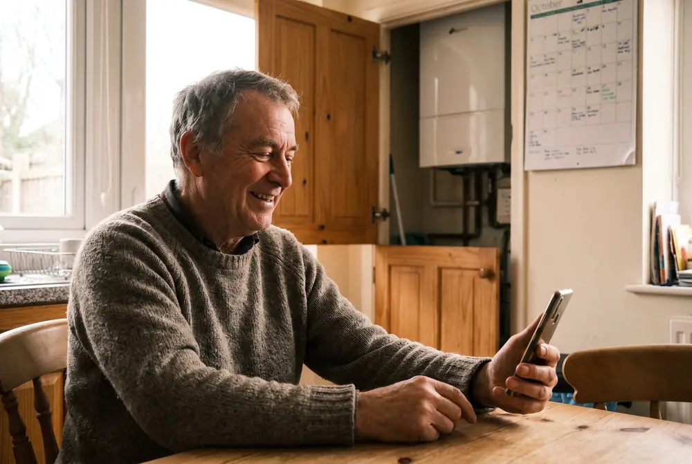 A man in his kitchen smiling at a text on his phone
