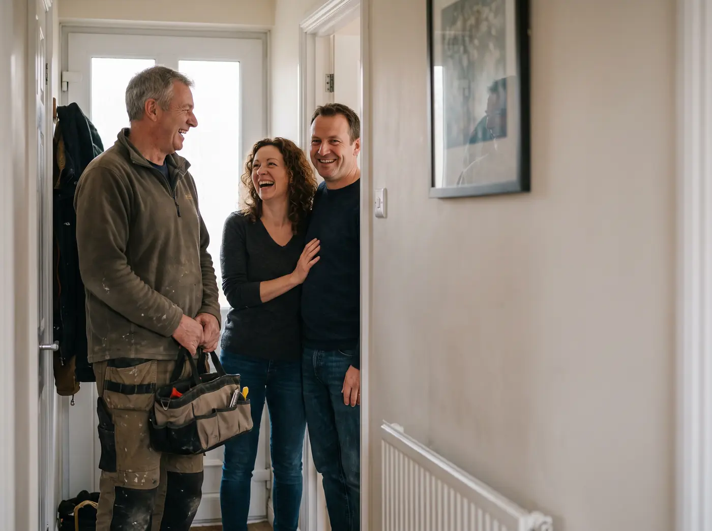 A heating engineer welcomed back by a couple who know him well