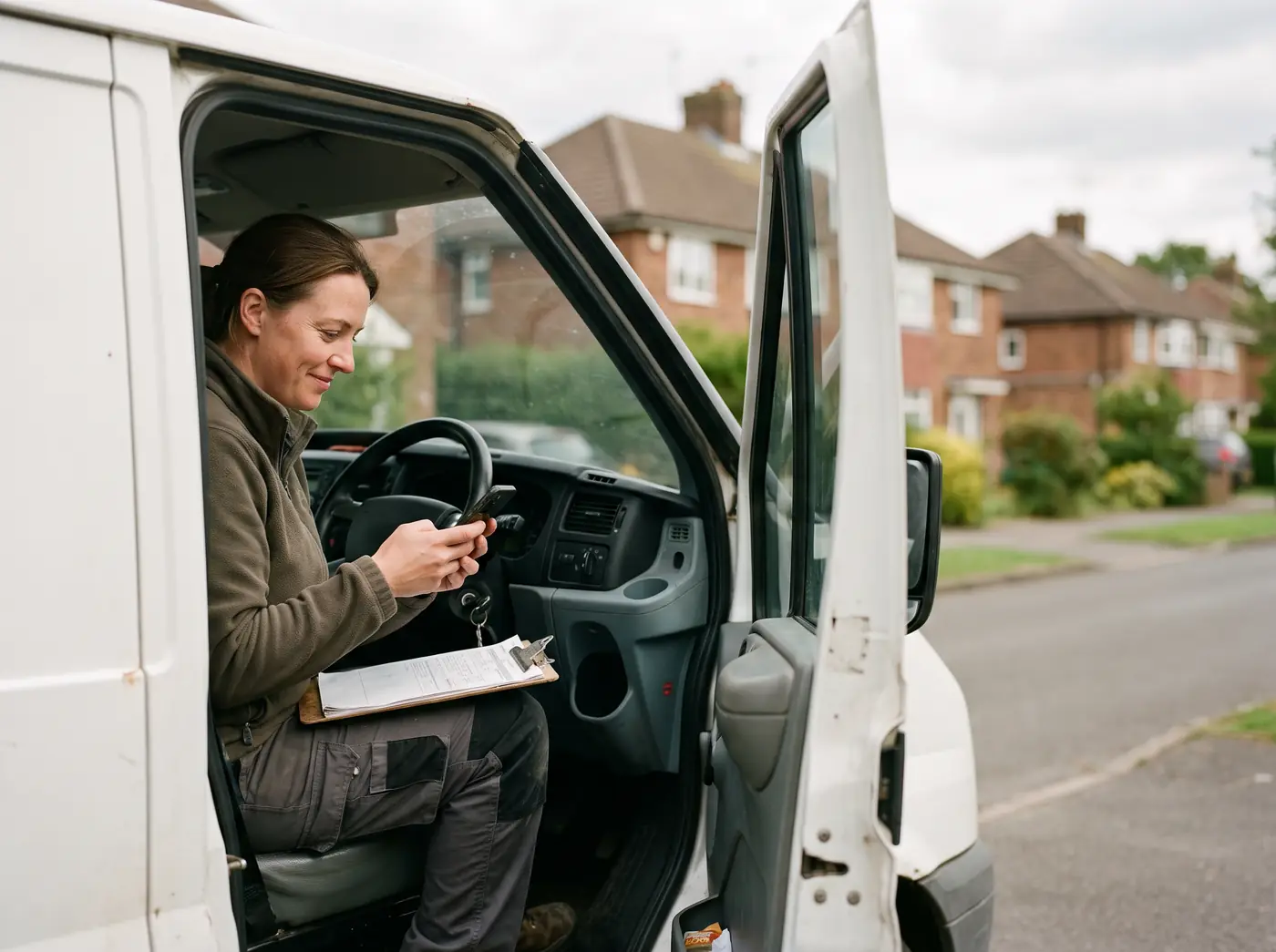 A plumber in her van between jobs, smiling at a new booking on her phone