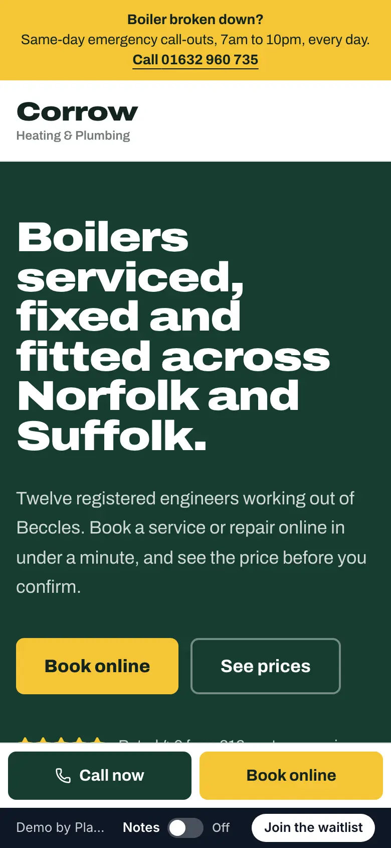 Corrow Heating demo site on a phone