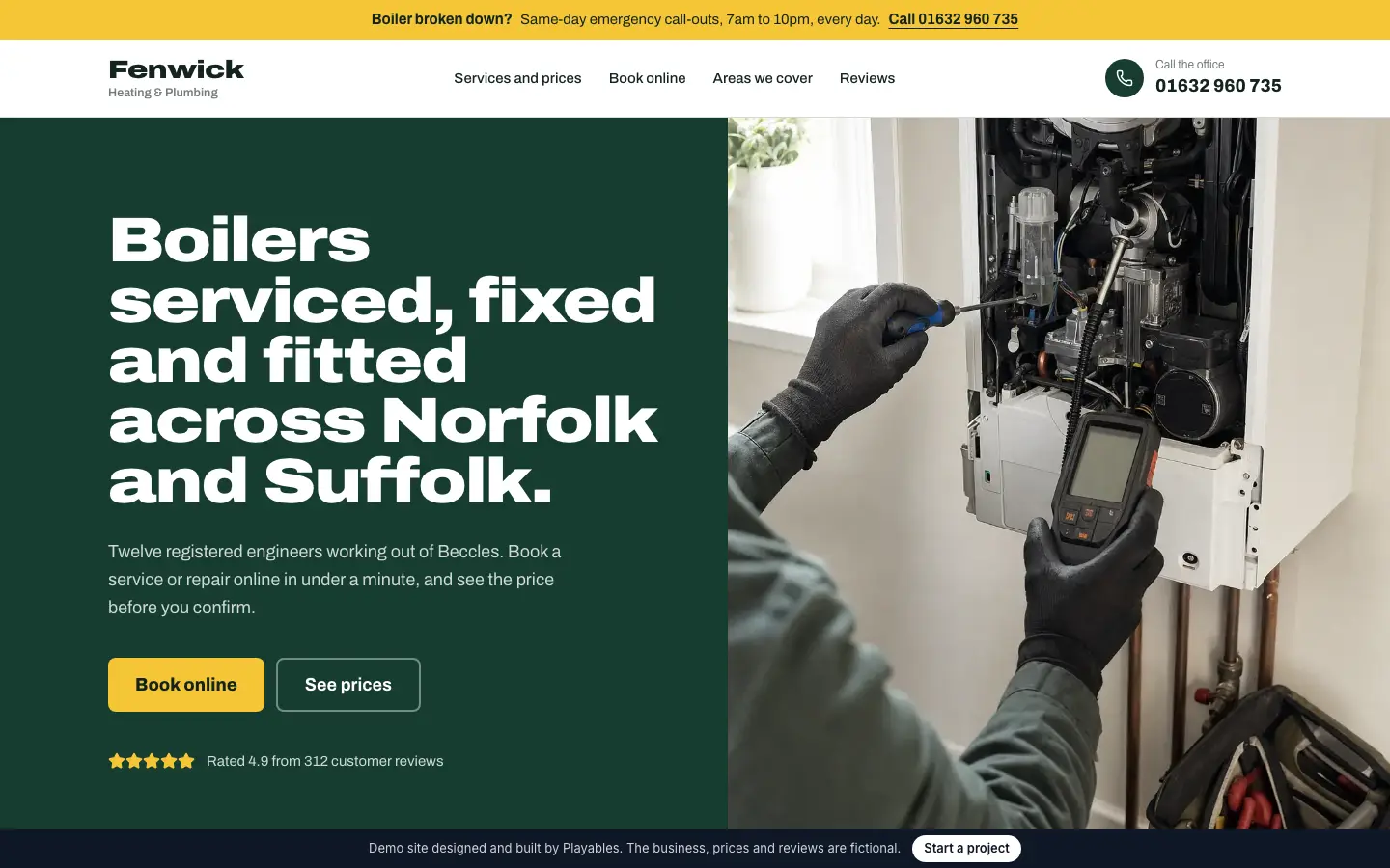 Fenwick Heating & Plumbing demo site on a desktop browser