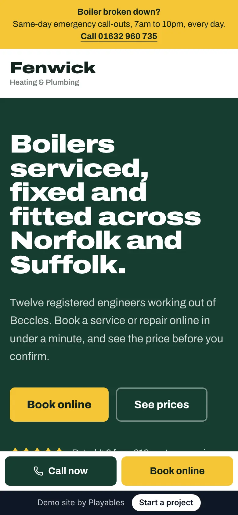 Fenwick Heating demo site on a phone